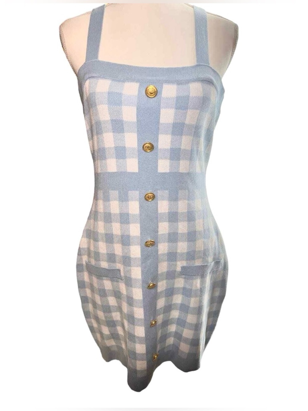 Boutique Light Blue Gingham Knit Dress Gold Button Front Preppy Midi M